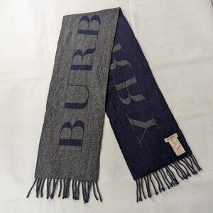Burberry Big Logo Solid 90% Wool & 10% Cashmere Gray/Blue Scarf - United Kingdom